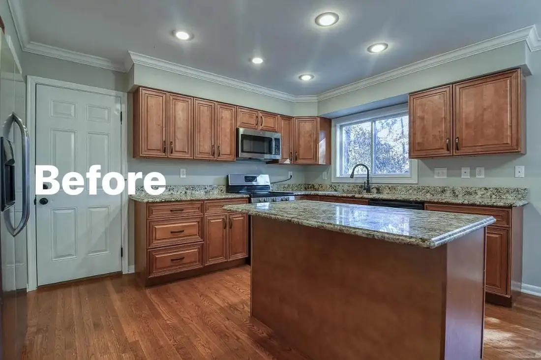 Dated maple kitchen cabinets before refinishing in Northern Kentucky