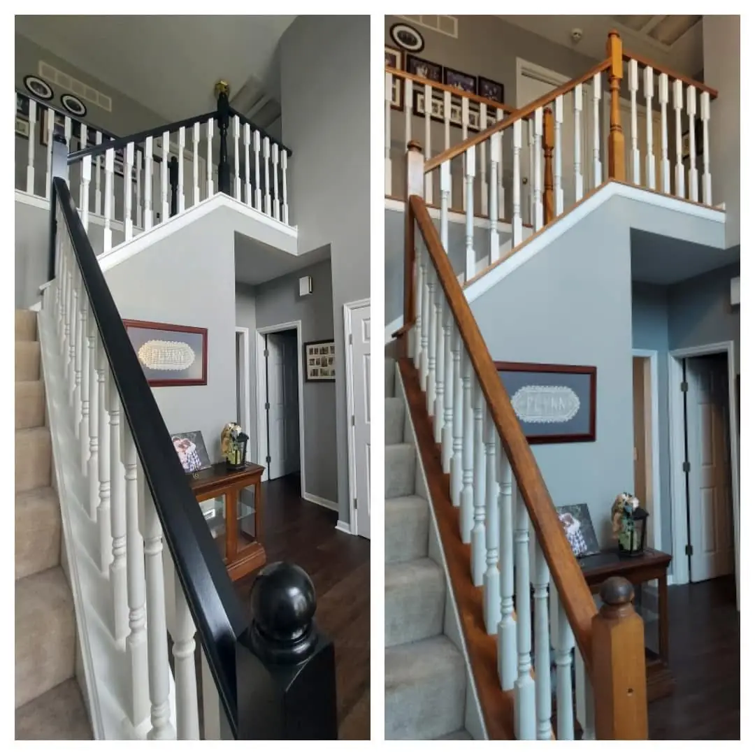 Stair railing before and after &mdash; oak banister refinished by F&C Kitchen Solutions