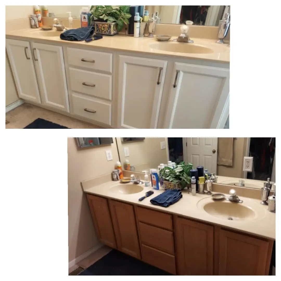 Bathroom vanity refinished from oak to clean white finish